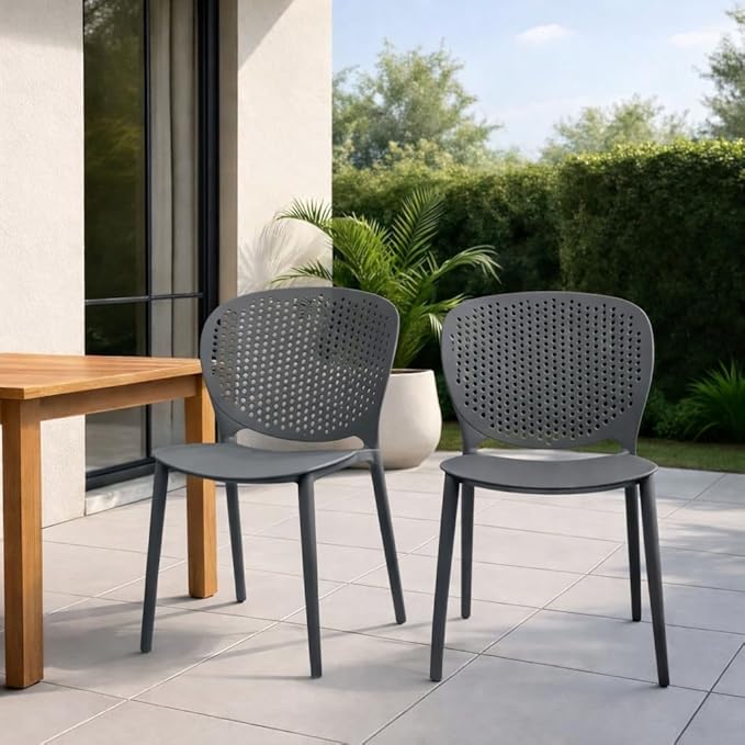 2xhome Set of 3 Patio Dining Chairs | Modern Stackable Outdoor Pool Side Chair | Weather Resistant Plastic for Yard, Porch, Balcony, Kitchen, Gray