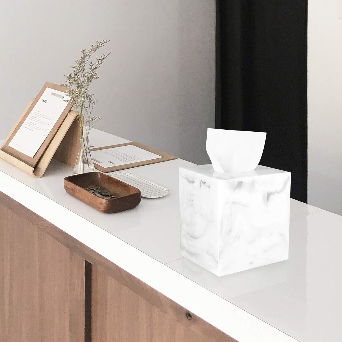 Luxspire Resin Paper Tissue Box Cover Holder, Square Facial Tissue Case, Pumping Paper Roll Toilet Paper Holder Napkin Dispenser for Office Bedroom Car Bathroom Vanity Accessories Decor, Marble White