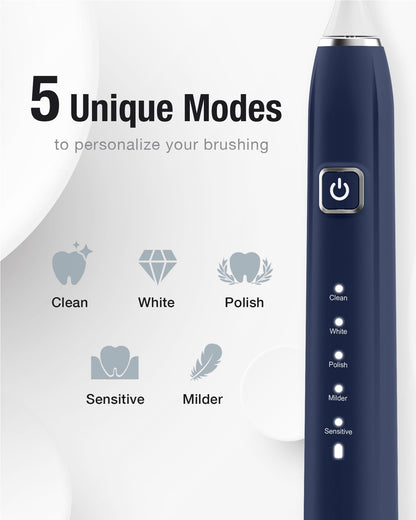 7AM2M Sonic Electric Toothbrush with 6 Brush Heads for Adults&Kids, One Charge for 120 Days, Wireless Fast Charge, 5 Modes, 40000VPM Powered Toothbrush, 2 Minutes Built in Smart Timer (Black)