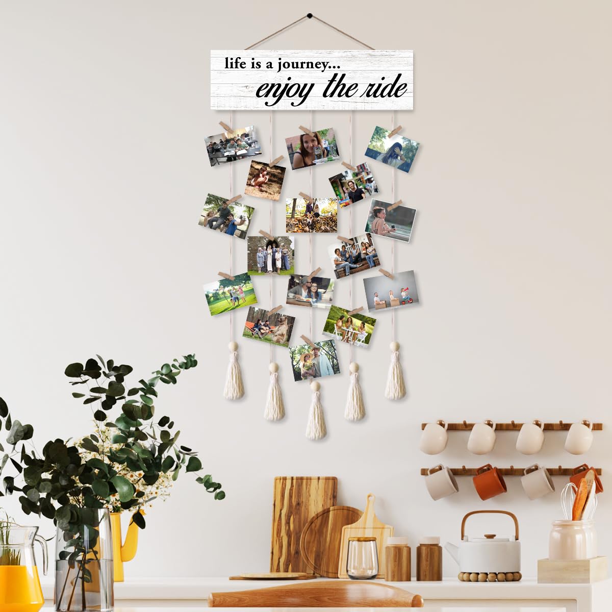 Gwisml Hanging Photo Display with 16 Clips 5 Strings,Rustic Style Picture Collage Frames Wall Decor Wood Hanging for Home Living Room Décor,Housewarming Gifts,Life is A Journey Enjoy The Ride