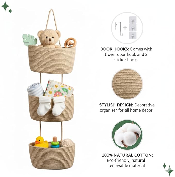 Over the Door Organizer, 3-Tier Hanging Storage Basket