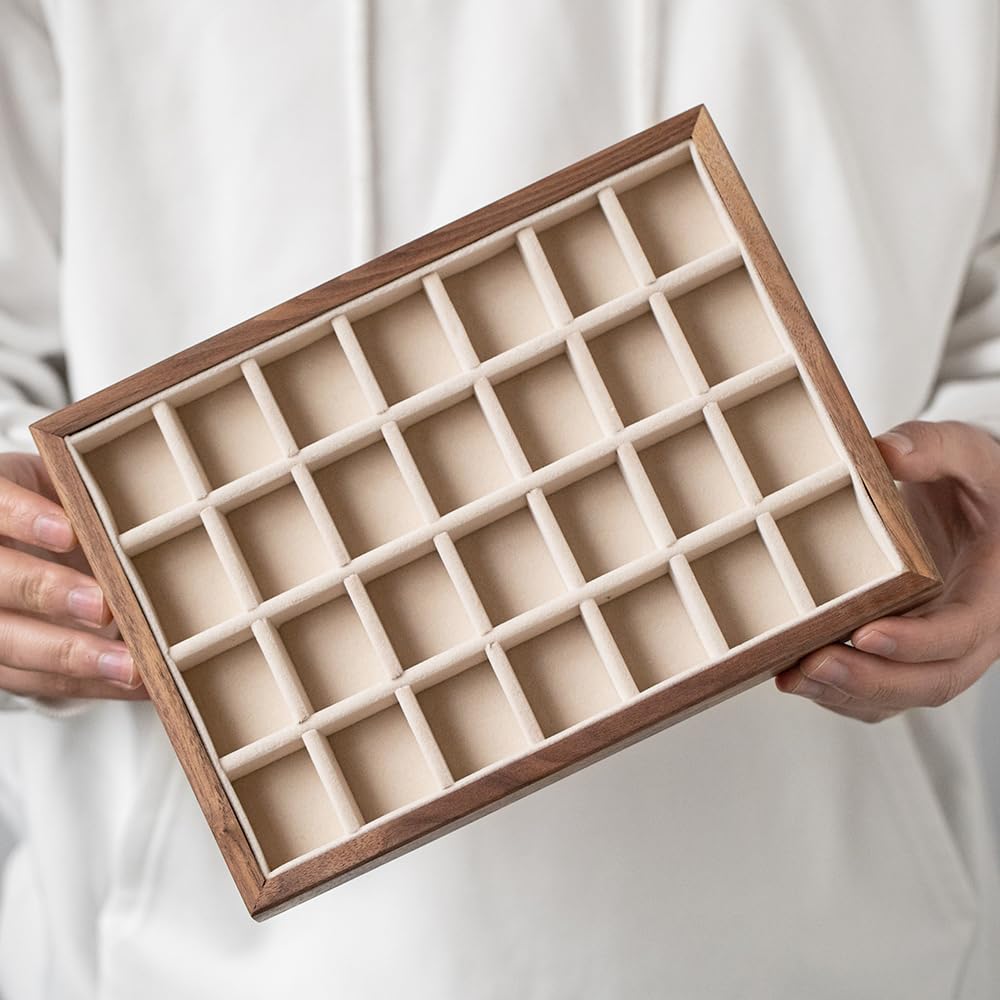MIGAKU HOME 28-Grid Black Walnut Wooden Jewelry Tray with Velvet Lining, Premium Jewelry Display Tray for Earrings and Rings, Drawer Organizer Display Tray for Women's Jewelry Collection