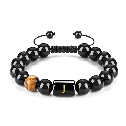 FRG Initials Bracelets Gifts for Men Letter Link Handmade Natural Black Onyx Tiger Eye Stone Beads Braided Rope Meaningful Bracelet Gifts for Son Grandson Husband Boyfriend Brother