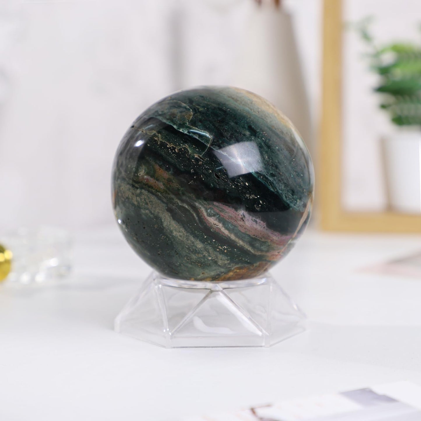 mookaitedecor Natural Ocean Jasper Crystal Ball with Acrylic Stand, 71-80 mm Feng Shui Divination Stone Sphere Sculpture for Home Office Table Display