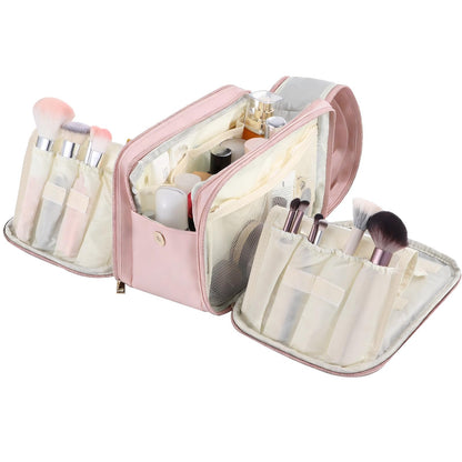 DORMIYA Travel Makeup Bag for Women, Large Capacity Cosmetic Organizer, Multi-Layer Toiletry Bag with Handle, Waterproof PU Leather Portable Makeup Zippered Case with Standing Brush Holder