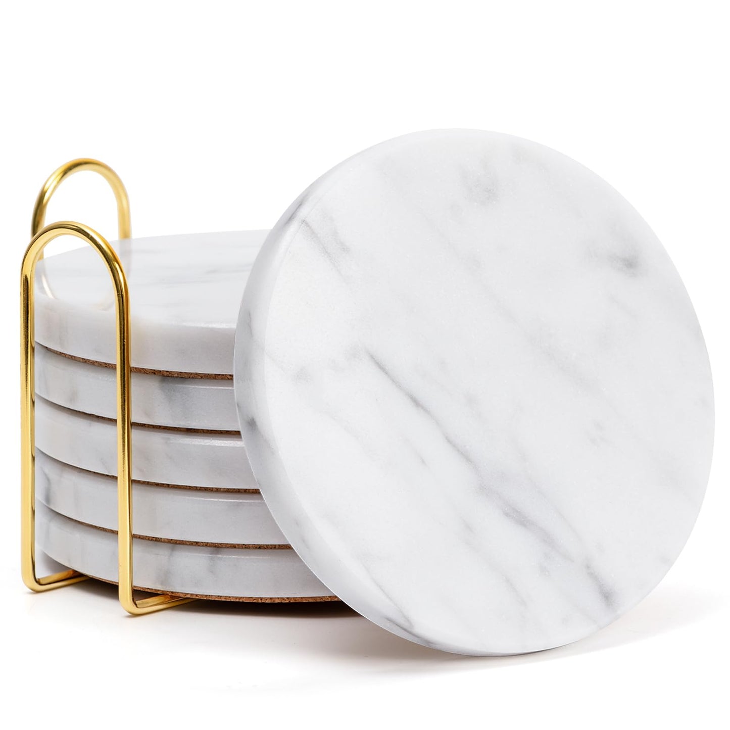 YONGHEE Soft White Marble Coasters Set of 6 with Holder, Elegant Drink Coasters for Coffee Table, 4" Polished Natural White Stone Coaster with Grey Veins - Heat Resistant, Non-Slip, Housewarming Gift