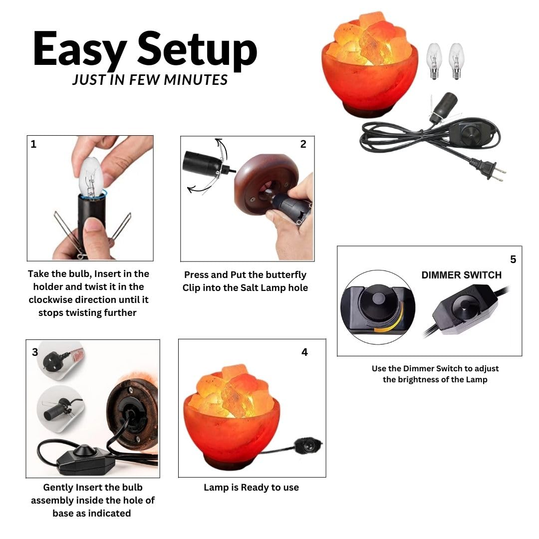NatureBoost Himalayan Pink Salt Lamp Bowl with Natural Salt Chunks, Includes a Power Cord with dimmer Switch and a Pair of Bulb, Orange