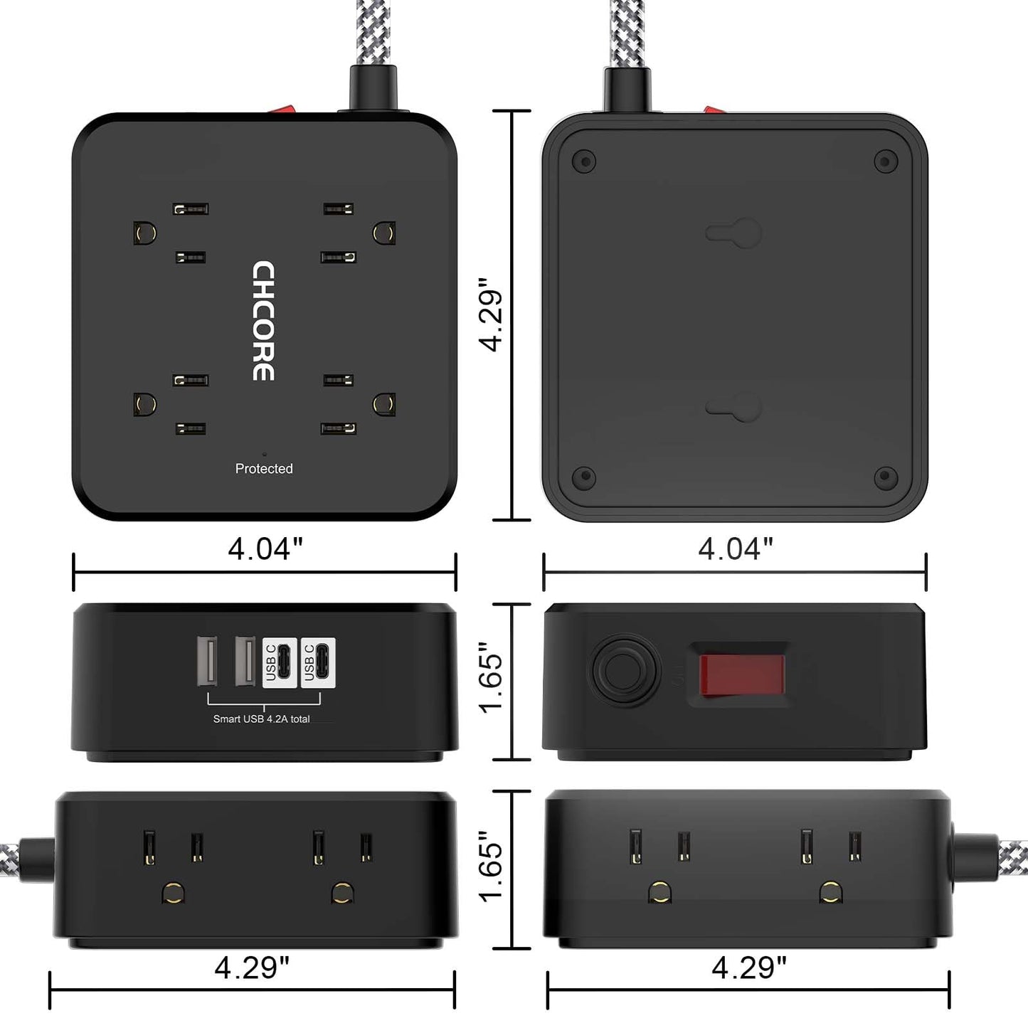 Surge Protector Power Strip - CHCORE 5Ft Braided Extension Cord with 8 Outlets with 4 USB (2 USB C) Charging Ports, Flat Plug Multi Plug Outlet Extender Charging Station for Home Office, ETL, White