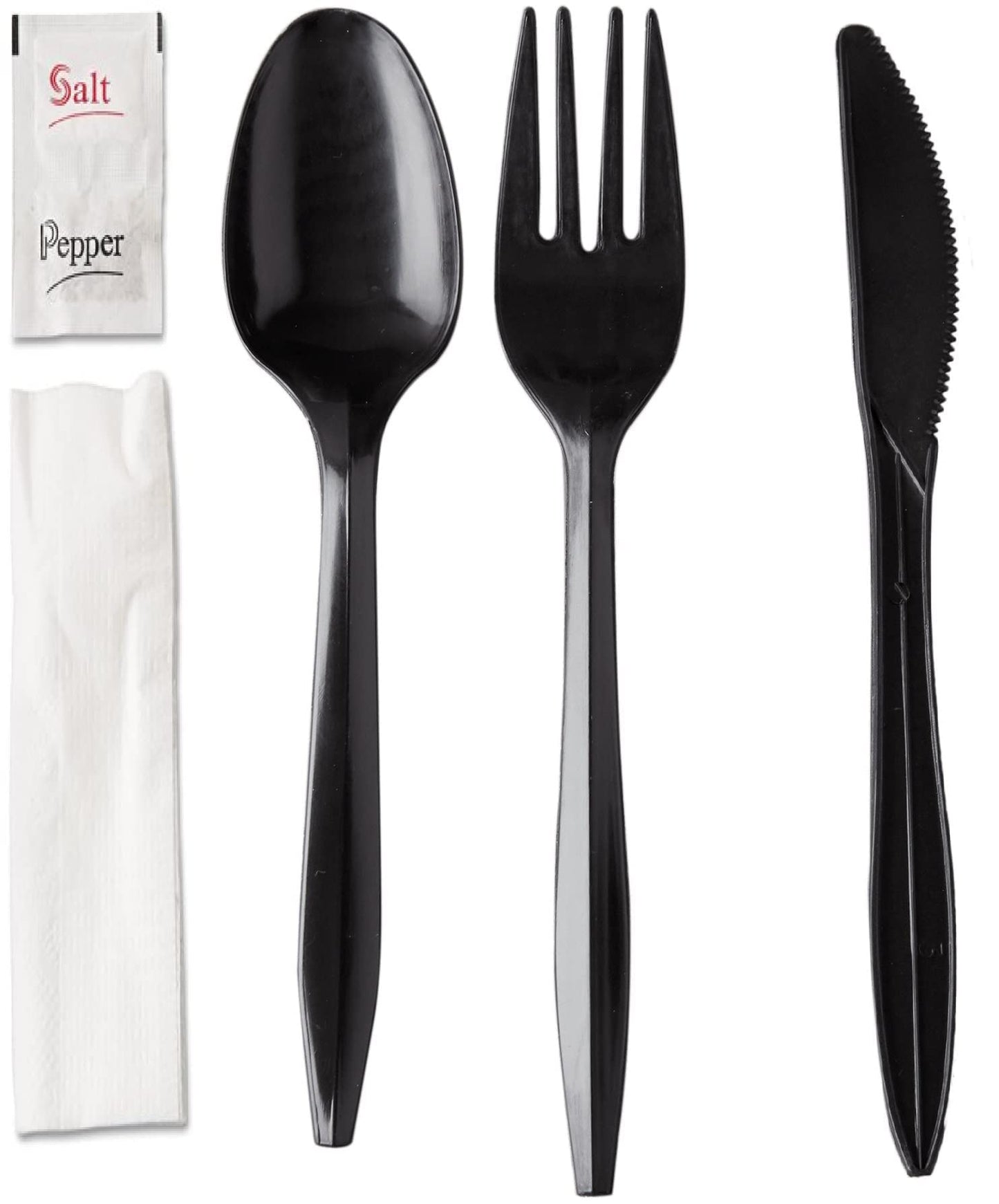 250 Disposable Cutlery Packets - Knife, Fork, Spoon, Napkin, Salt, Pepper Sets | Black & Silver Plastic Sets, Individually Wrapped Cutlery Kits