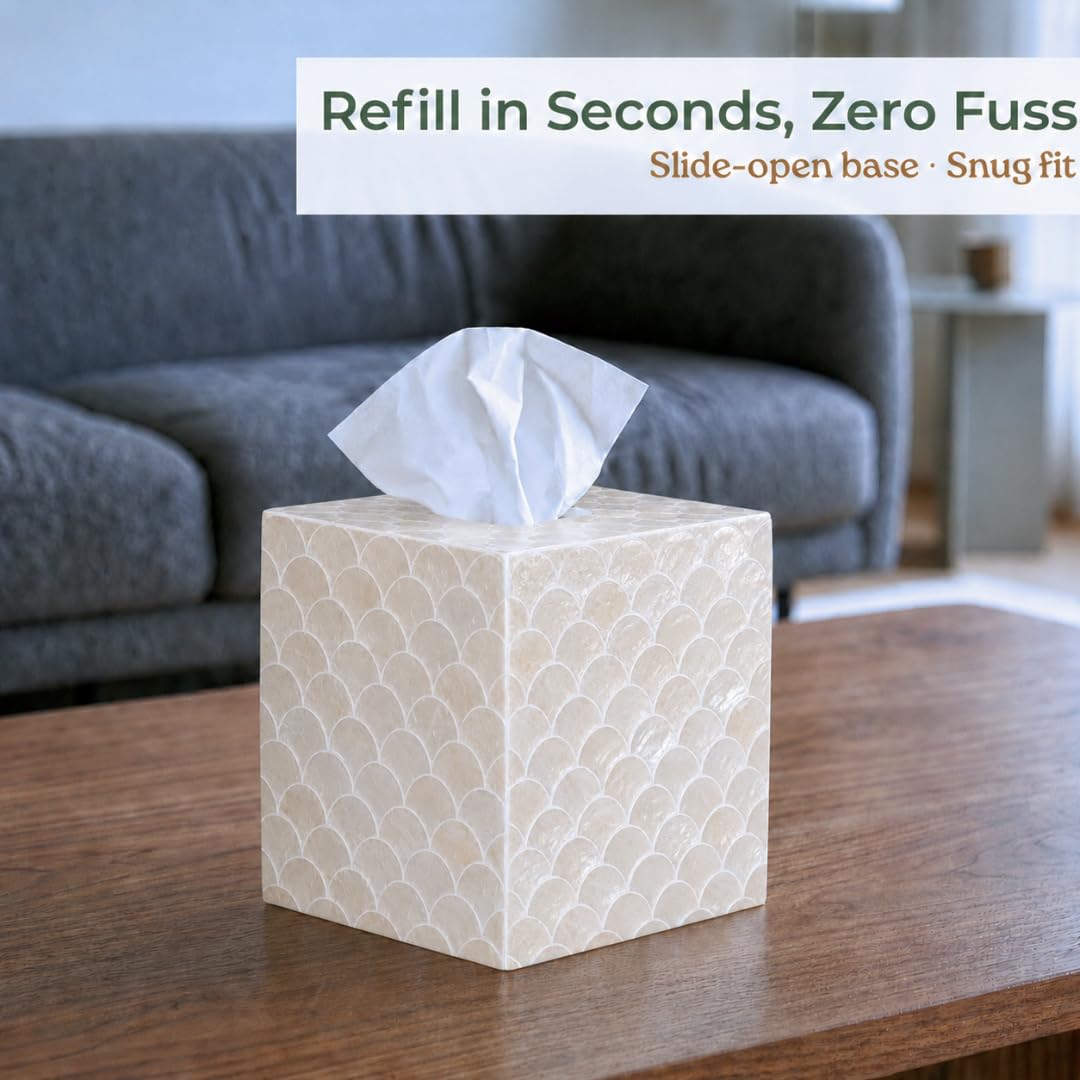 5.9" Capiz Shell Tissue Box Cover for Kleenex and More, Square Decorative Holder with Bottom Slider, Handmade Bathroom Accessory Coastal Décor (Natural)