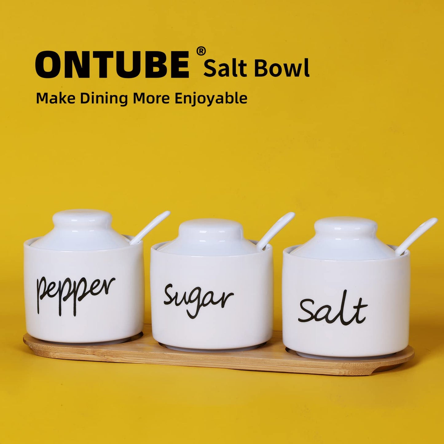 ONTUBE Farmhouse 8oz, Sugar Pepper and Salt Bowls with Lid and Spoon, Ceramics Condiment Pots,Seasoning Jar Spice Container for Kitchen,Dishwasher Safe (White)