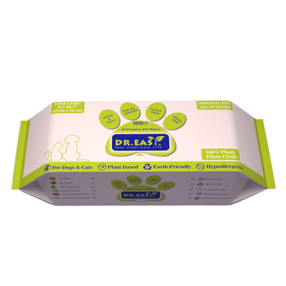 DR.EASY All Purpose Pet Grooming Wipes 100Ct Plant Based Ingredients for Paws,Body,Nose &Bum Cleaning,Remove Dirt,Dander & Excess Hair with Soft and Thick Wipes,No Fragrance