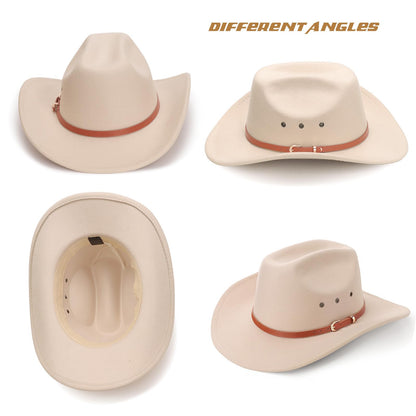 DRESHOW Cowboy Hat for Women and Men Classic Western Felt Cowboy Cowgirl Hat Outdoor Wide Brim Belt Buckle Retro Fedora Hats Unisex Rolled up Caps