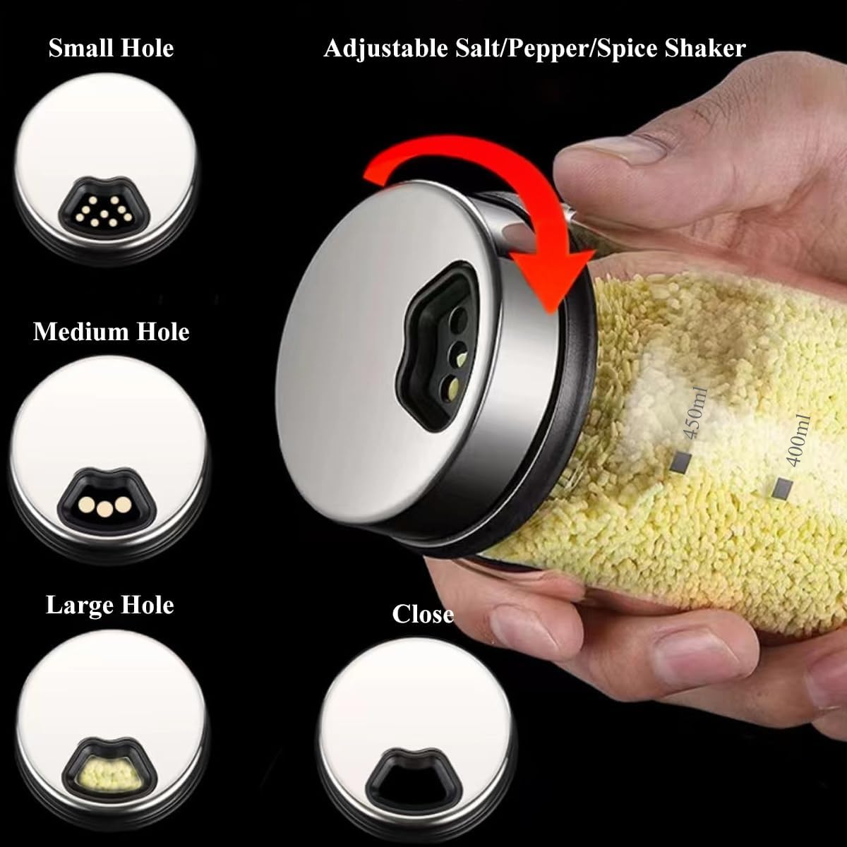 15 oz Glass Salt and Pepper Shaker Set with 304 Stainless Lid Adjustable Pour Holes Spice Jars Dispenser Seasoning Cans for Kitchen Decor and Home Restaurant Kitchen Accessories (2 Pcs, 450 ML)