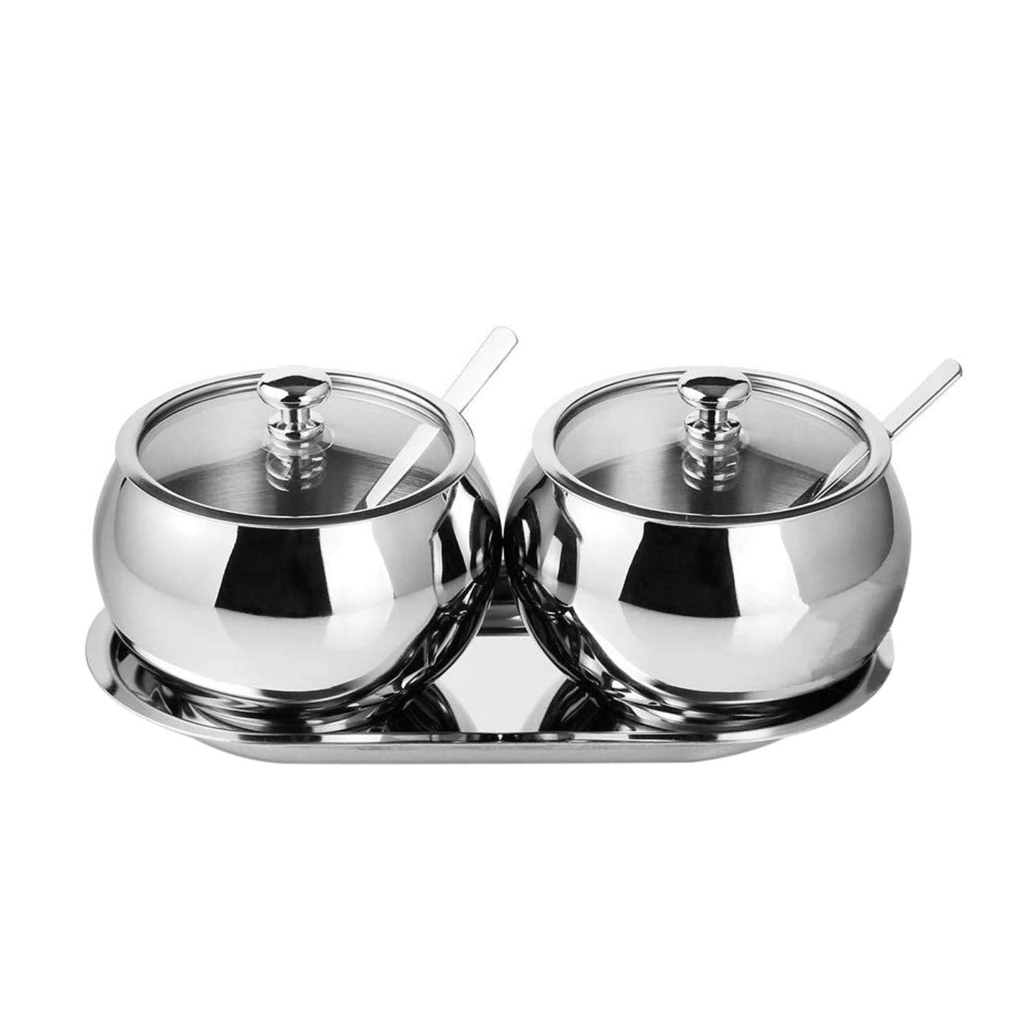 KEMIYIXIAN 2 Stainless Steel Sugar Bowl with Lid Spoon and Tray, Polished Shiny Condiment Pots for Serving Sugar Pepper Salt Spice- 330ml/ 11.6 Oz