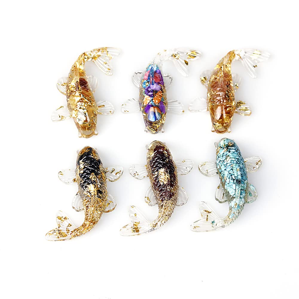 DIYOMR Set of 6 Crystals Fish Hand-dripped Resin Fused with Colorful Crystal Rocks Stones Fake Gold Coins,Blessed Carp Bring Luck Wealth,DIY Home Wall Desk Decor