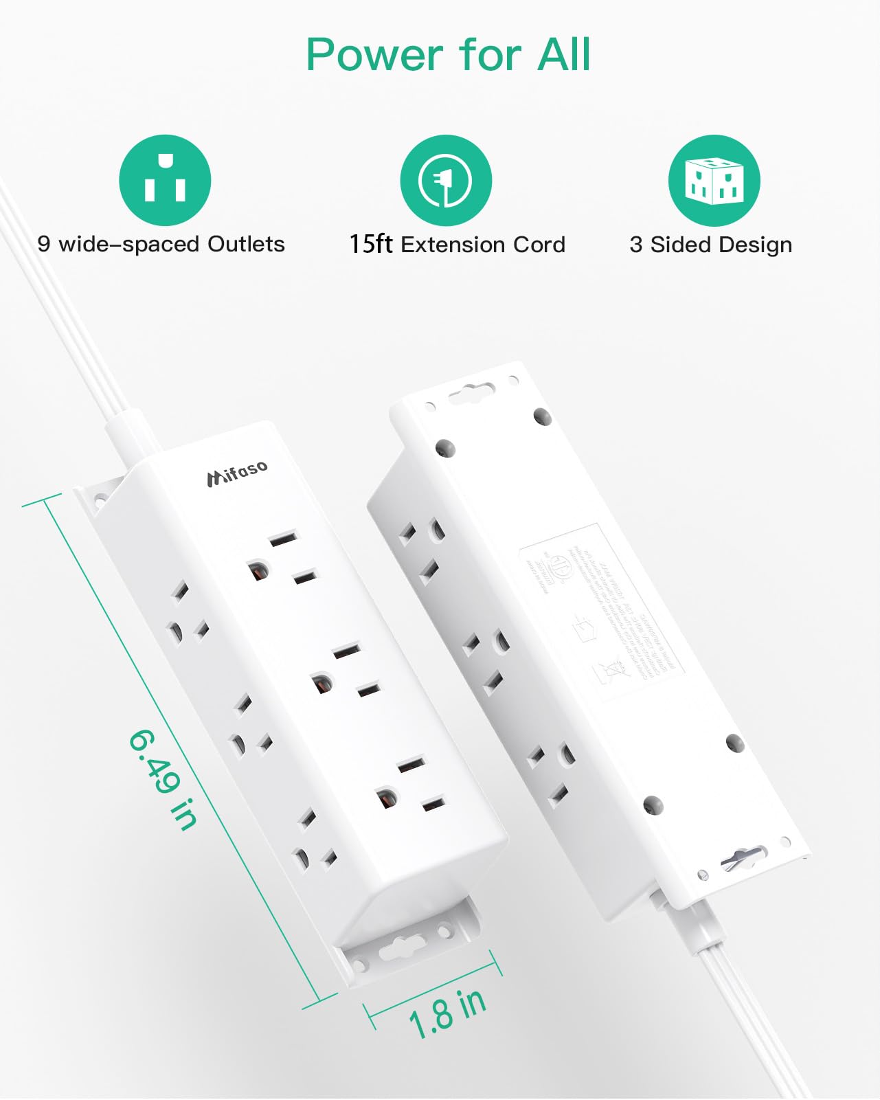 Surge Protector Power Strip - 9 Widely Spaced Multi Outlets, Wall Mount, 3 Side Outlet Extender with Extension Cord, Flat Plug, Overload Protection, Home Office Dorm Room Essentials (5FT, White)