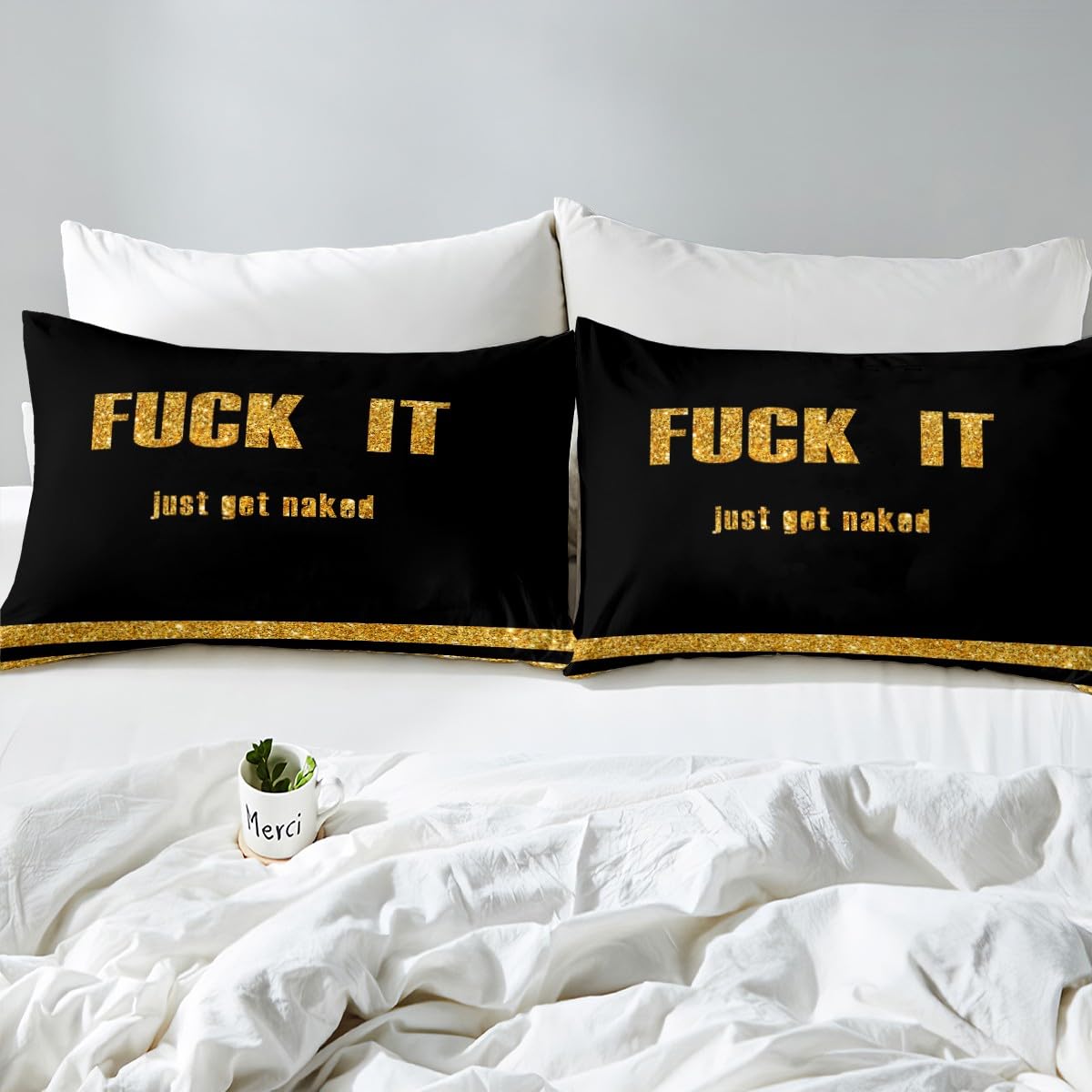 Funny Quotes Fitted Sheet & Pillow Sham Set Get Naked Bed Sheet Set for Men Women Couple Lover Golden Glitter Sequins Bedding Set Black and Gold Bed Cover No Flat Sheet Bedroom Decor 3Pcs Full Size