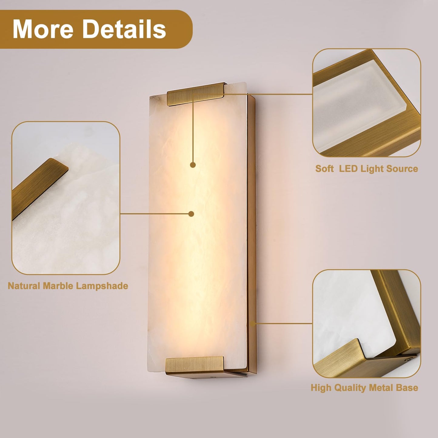 HOMLUCE 14.2in Alabaster Wall Sconces, Large Natural Marble Wall Sconces Set of Two, LED Modern Wall Lamp for Bedroom, Stairs, Living Room, Vanity, Bedside, Hallway （Brushed Bronze 12W）