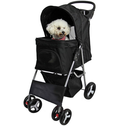 Foldable Pet Stroller with Weather Protection and Swivel Wheels 15 kg Carrying Capacity - Black