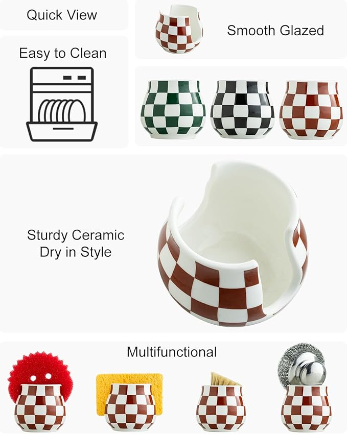 Checkered Sponge Holder for Kitchen Sink Counter, Ceramic Dish Sponge Caddy