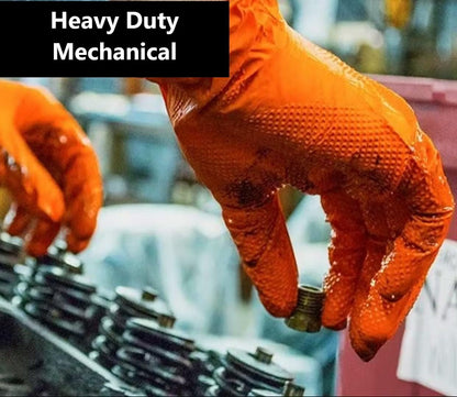 100 Heavy Duty Super Strong Orange Grip Nitrile Gloves PF 8.5 mil |Mechanical |Industrial| Engineering |Food| Cleaning| Plumbing |Gardening Gloves (Orange, LARGE)