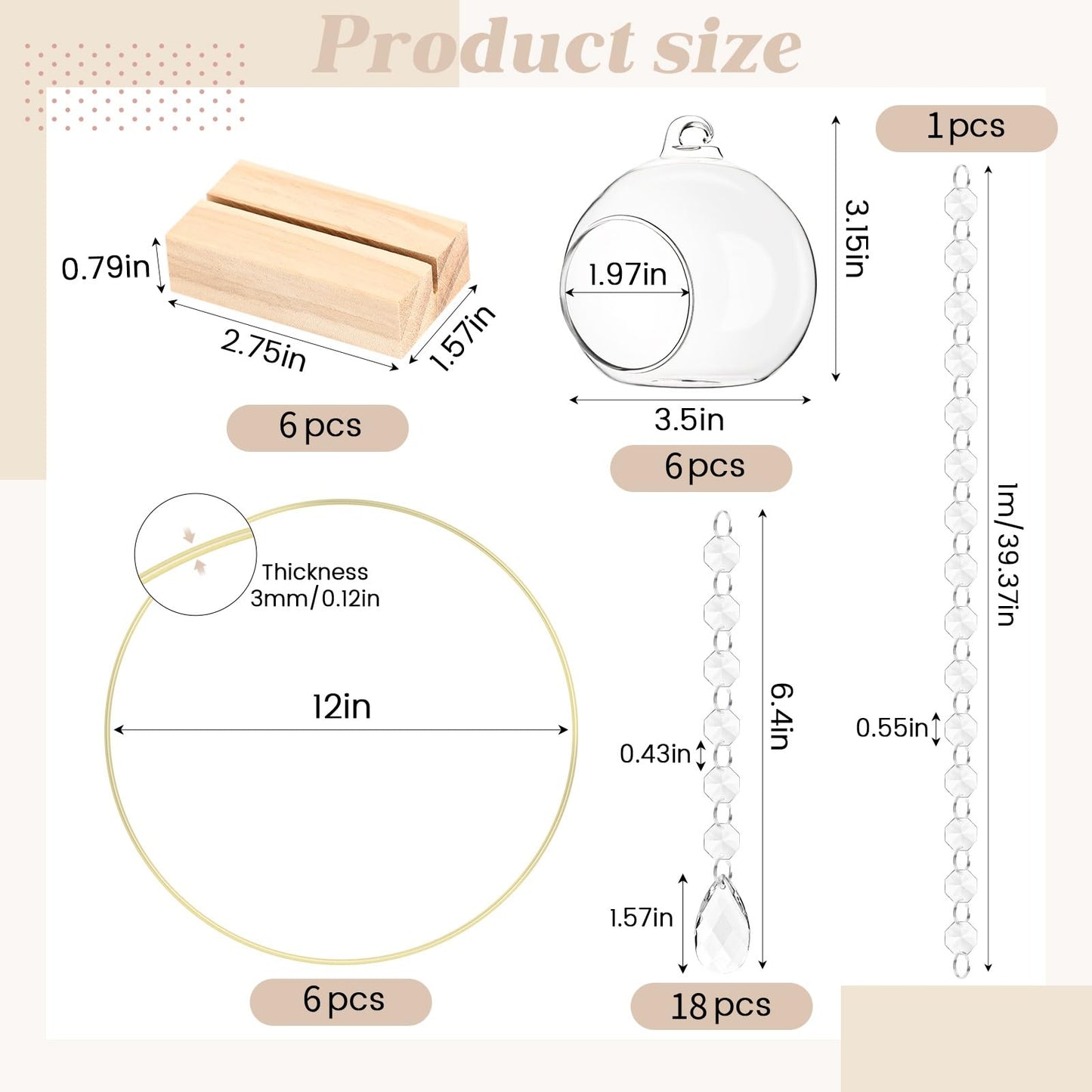 Leinuosen 6 Pack 12'' Metal Floral Hoop Centerpieces Set with Wooden Stand, Hanging Candle Holder, Acrylic Crystal Pendant Garland Crystal Garland String, for DIY Wedding Party Tabletop Decoration