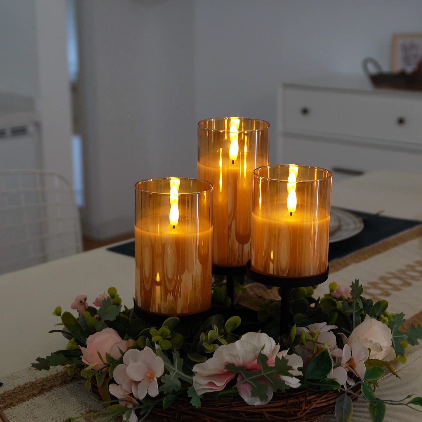 Amagic Gold Glass Flameless Candles Battery Operated with Timer, Remote Control, Flickering LED Fake Pillar Candles for Fall Decoration, Christmas Thanksgiving Decor, Amber, Set of 3