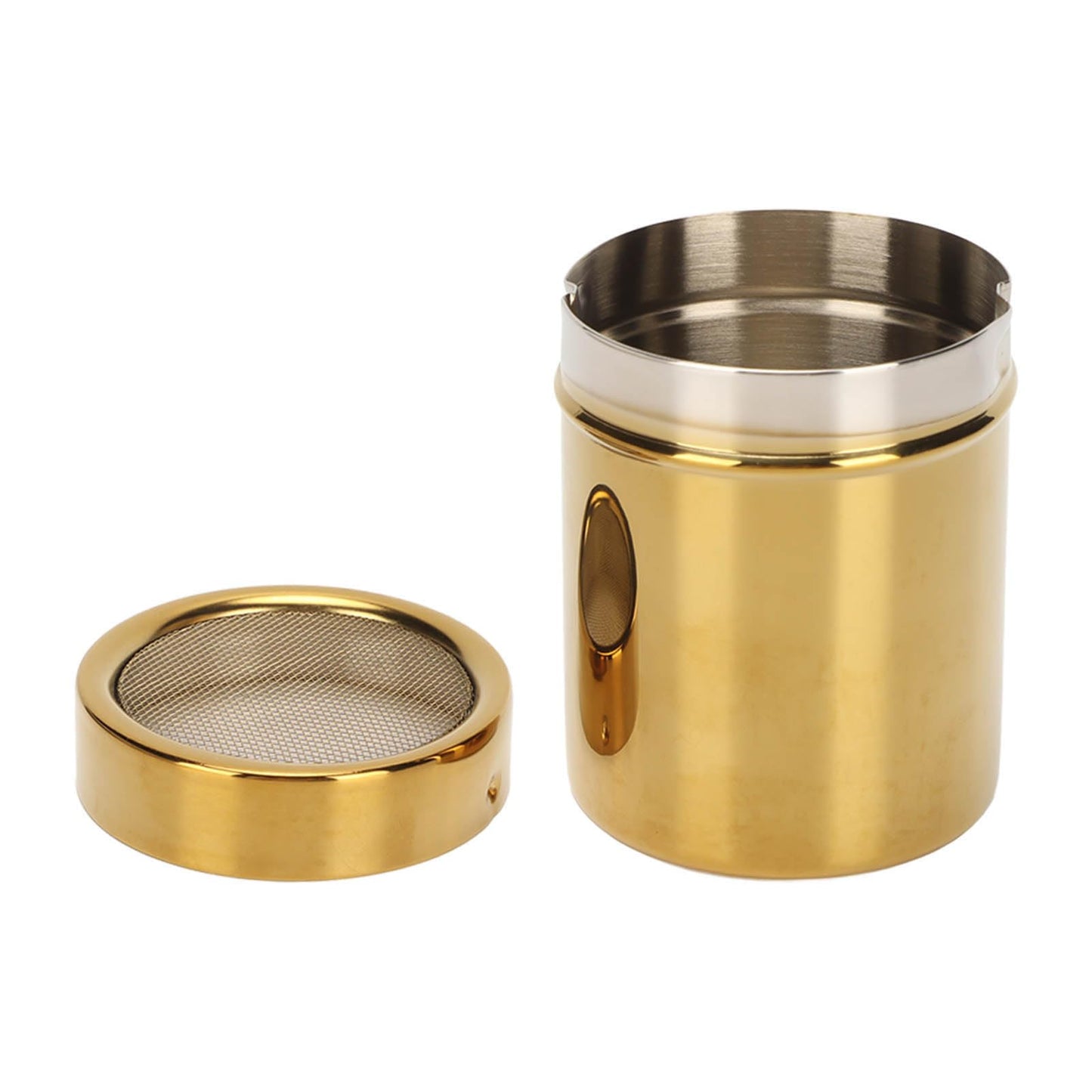 Powder Shaker, Stainless Steel Gold Fine Mesh Powder Sugar Shaker with Lid for Salt Powdered Sugar Ground Coffee Powder Shaker Can for Home Kitchen Supplies, 2.8 x 3.5in