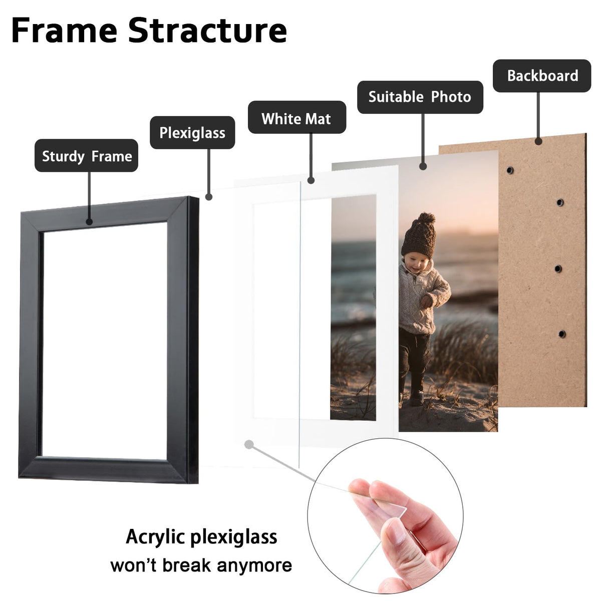 KINLINK 8x10 Picture Frame Black Set of 6, Wooden Photo Frames Matted 5x7 with Plexiglass for 5x7 with Mat or 8x10 without Mat for Table and Wall Display