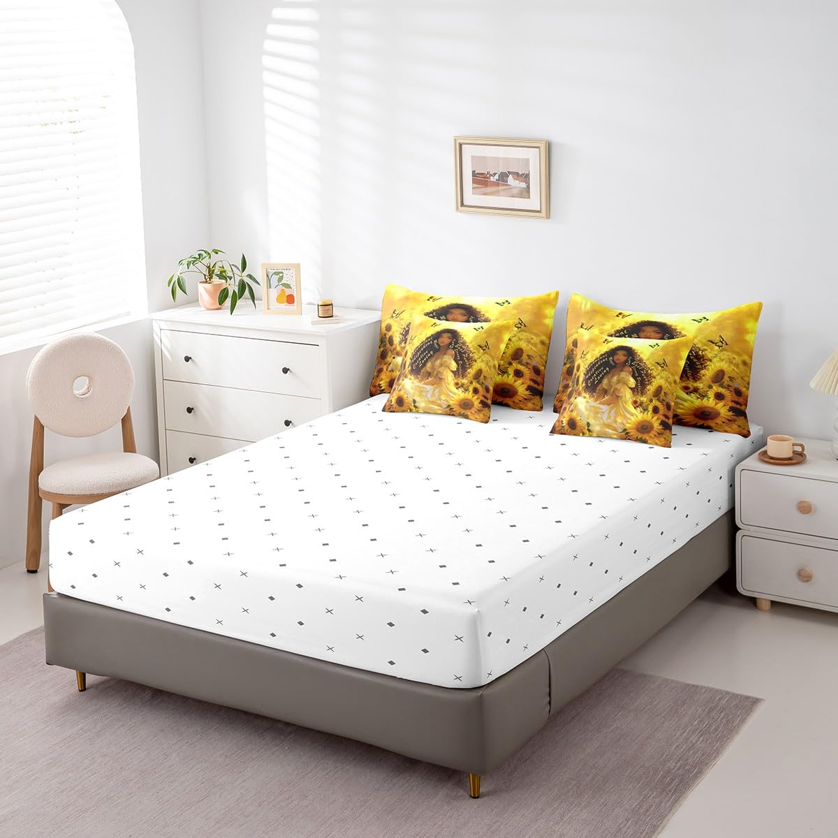 Castle Fairy Girl Sunflower Bed in a Bag Comforter Set,American Inspirational Quotes Twin Size 7 Pieces for Kids Teens,Golden Flowers Bedding Set with Comforter, Sheet Set, Pillowcases, Pillow Covers