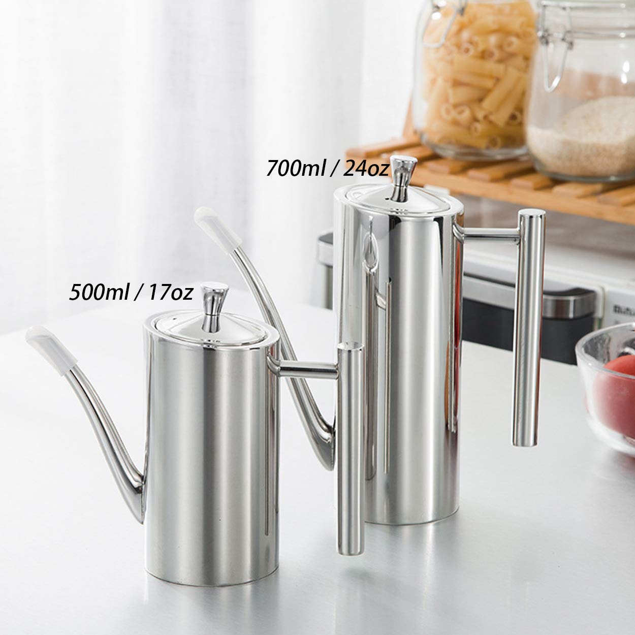 Sumerflos Olive Oil Dispenser Bottle Stainless Steel, 500ml/17oz Drip-Free Pouring Oil Pot Storage Container for Salad and Kitchen Cooking
