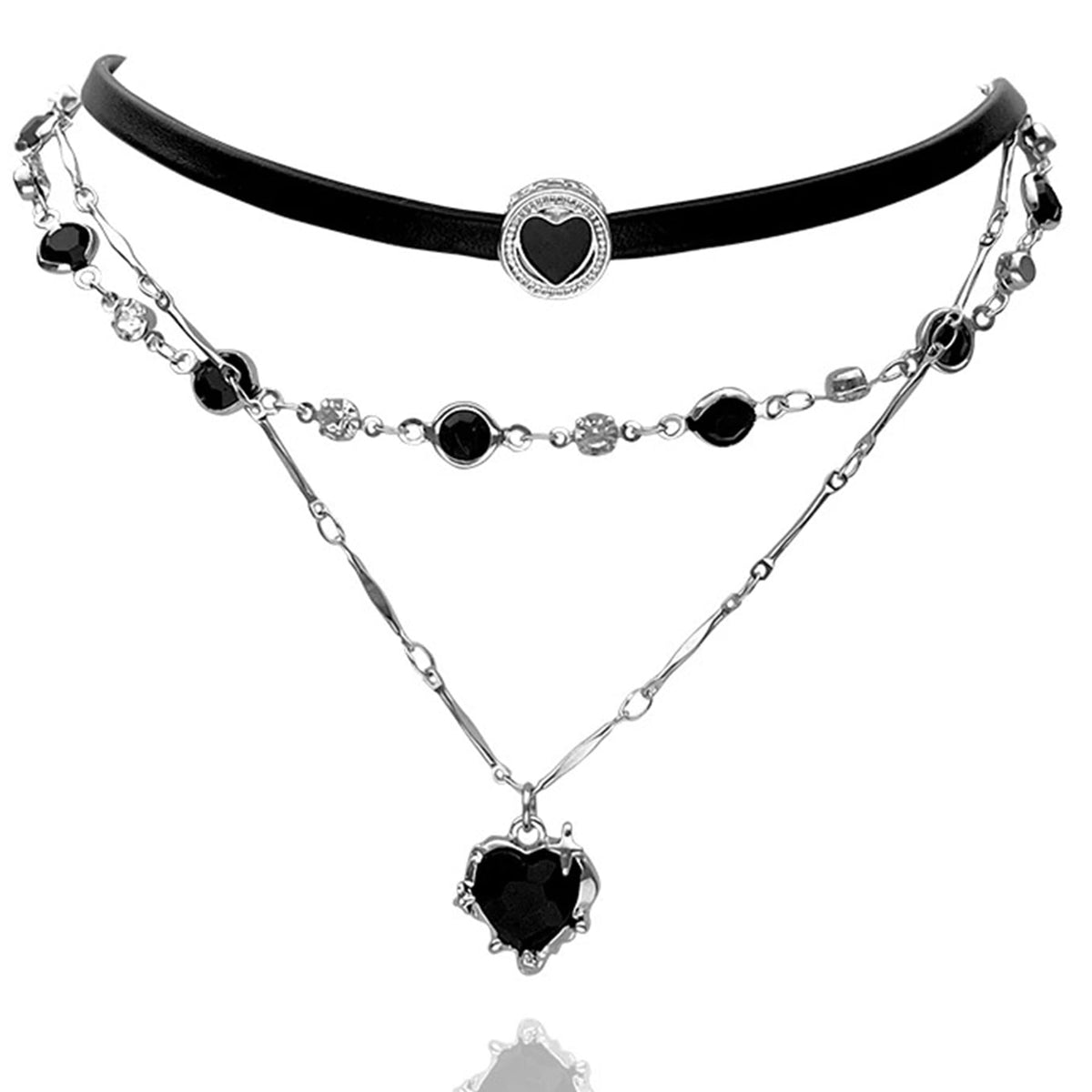 ZDZM 2Pcs Black Heart Necklace Stack With Black Bead Chain, Black Leather Choker Necklace with Heart Charm, Gothic Emo Grunge Y2k Necklace