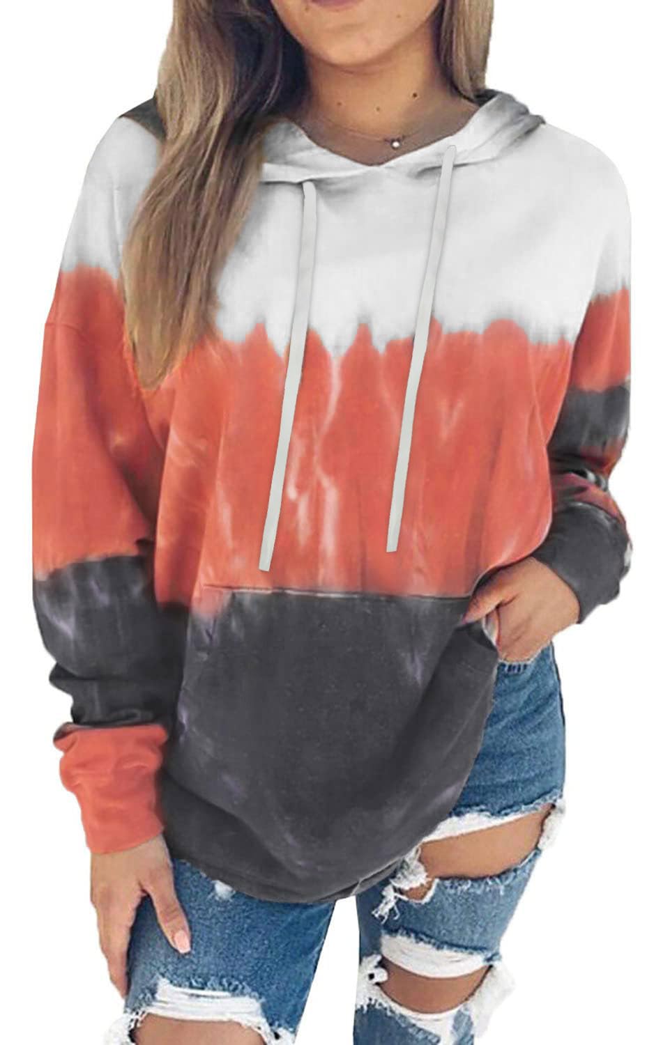 rosemia Hoodies for Women Sweatshirts Casual Long Sleeve Pullover Loose Lightweight Fall Clothes(Orange White Tie Dye,L)
