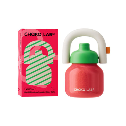 CHAKO LAB Christmas Water Bottle with Straw and Carry Handle | Wide Mouth vacuum insulated stainless steel Bottles | Reusable, leak-proof and BPA-free | 33oz(Green&Red)
