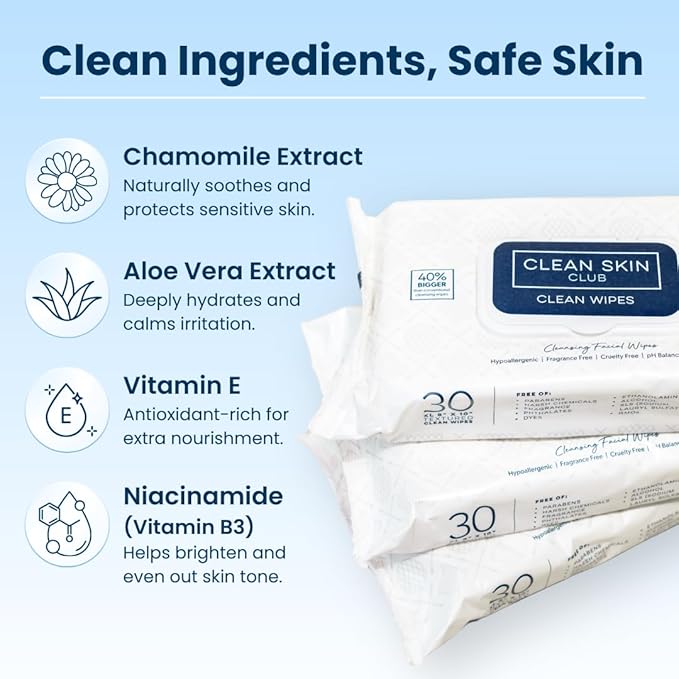 Clean Skin Club XL Premium Face Wipes, Extra Moist Makeup Removing Towelettes