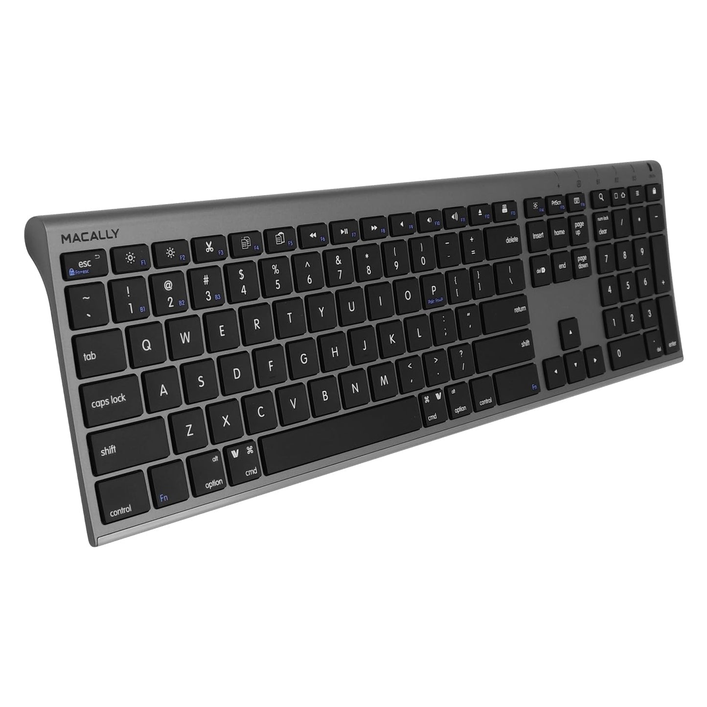 Macally Wireless Bluetooth Keyboard for Mac - Compatible Apple Keyboard or MacBook Pro/Air, iMac - Multi-Device, Up to 3 Devices with 110 Keys, 20 Shortcuts, Numeric Keypad, and Rechargeable - Silver