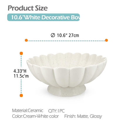 Large Fruit Bowl for Kitchen Counter-10.6" White Ceramic Fluted Scalloped Decorative Footed Bowl -Elegant Pedestal Display Bowls for Entryway Table, Perfect for Housewarming &Wedding Gift