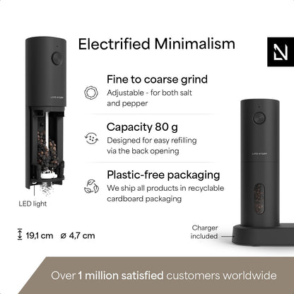 LARS NYSØM Electric Salt and Pepper Grinder Set, USB Rechargeable, Automatic Salt and Pepper Mills, Spice Shakers Refillable with LED Light, Adjustable Coarseness, Ceramic Grinder (Carbon Black)