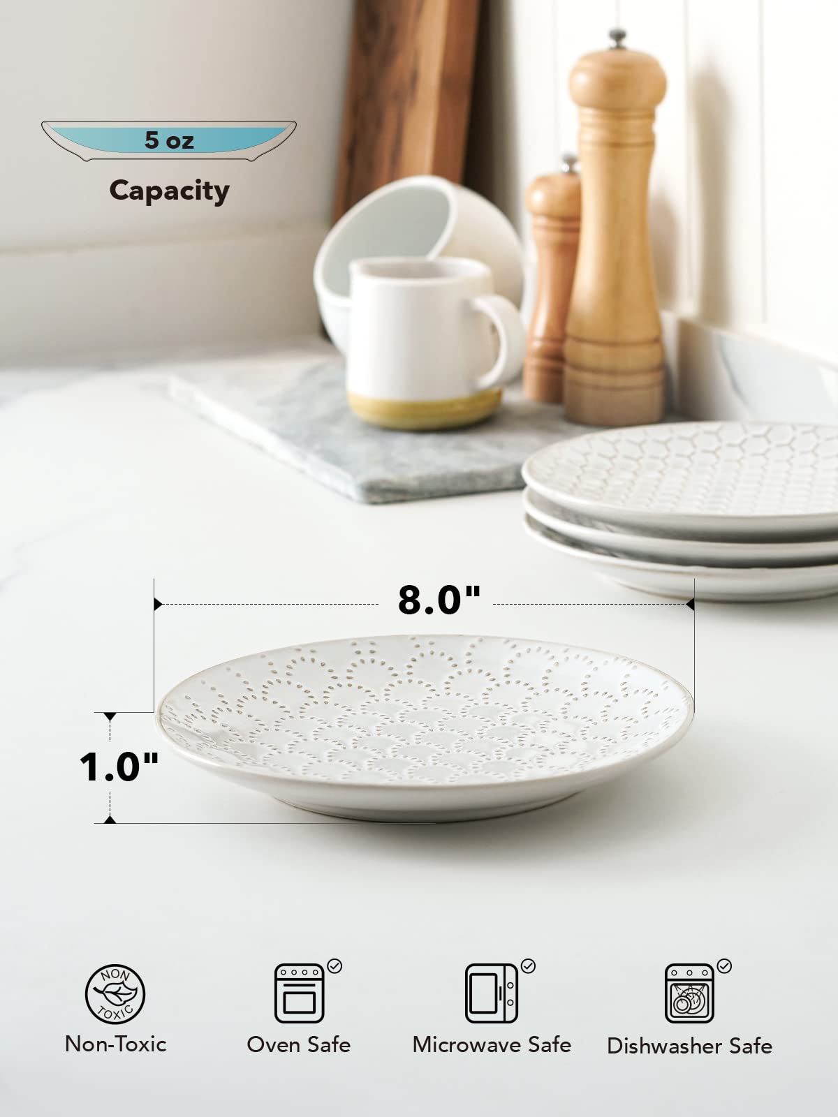 LE TAUCI Ceramic Salad Plates Set of 4, 8 Inch Embossed Appetizer Plates for Kitchen, Small Dessert Plates, Microwave & Dishwasher Safe Dinnerware Sets - Arctic White