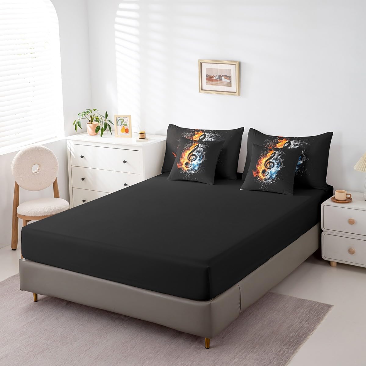 Feelyou Music Comforter Set with Sheets Queen Size Popstar Party Bed in a Bag for Boys Girls Teens Dark Black 7 Pieces Bedding Set Soft Lightweight Microfiber