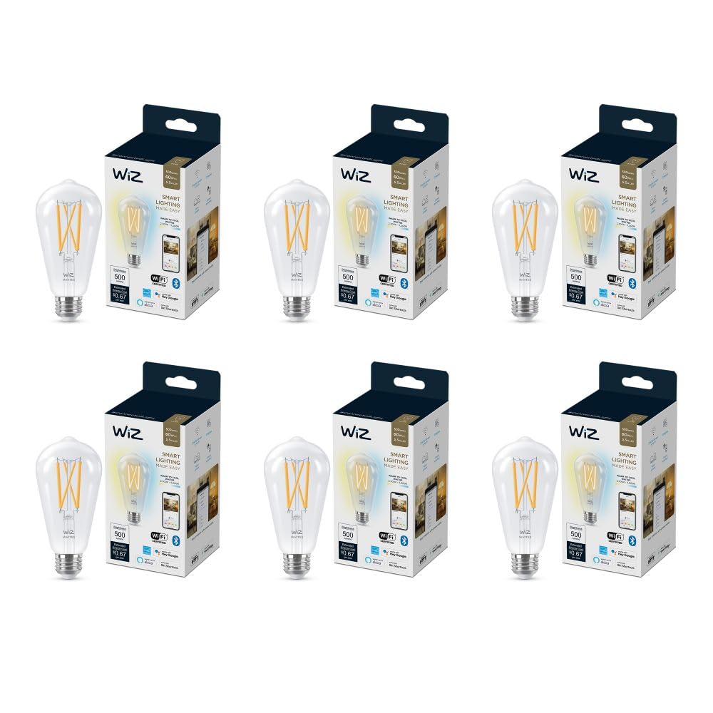 WiZ Clear 60W ST19 Tunable White Filament LED Smart Bulb - Pack of 6 - E26- Indoor - Connects to Your Existing Wi-Fi - Control with Voice or App + Activate with Motion - Matter Compatible