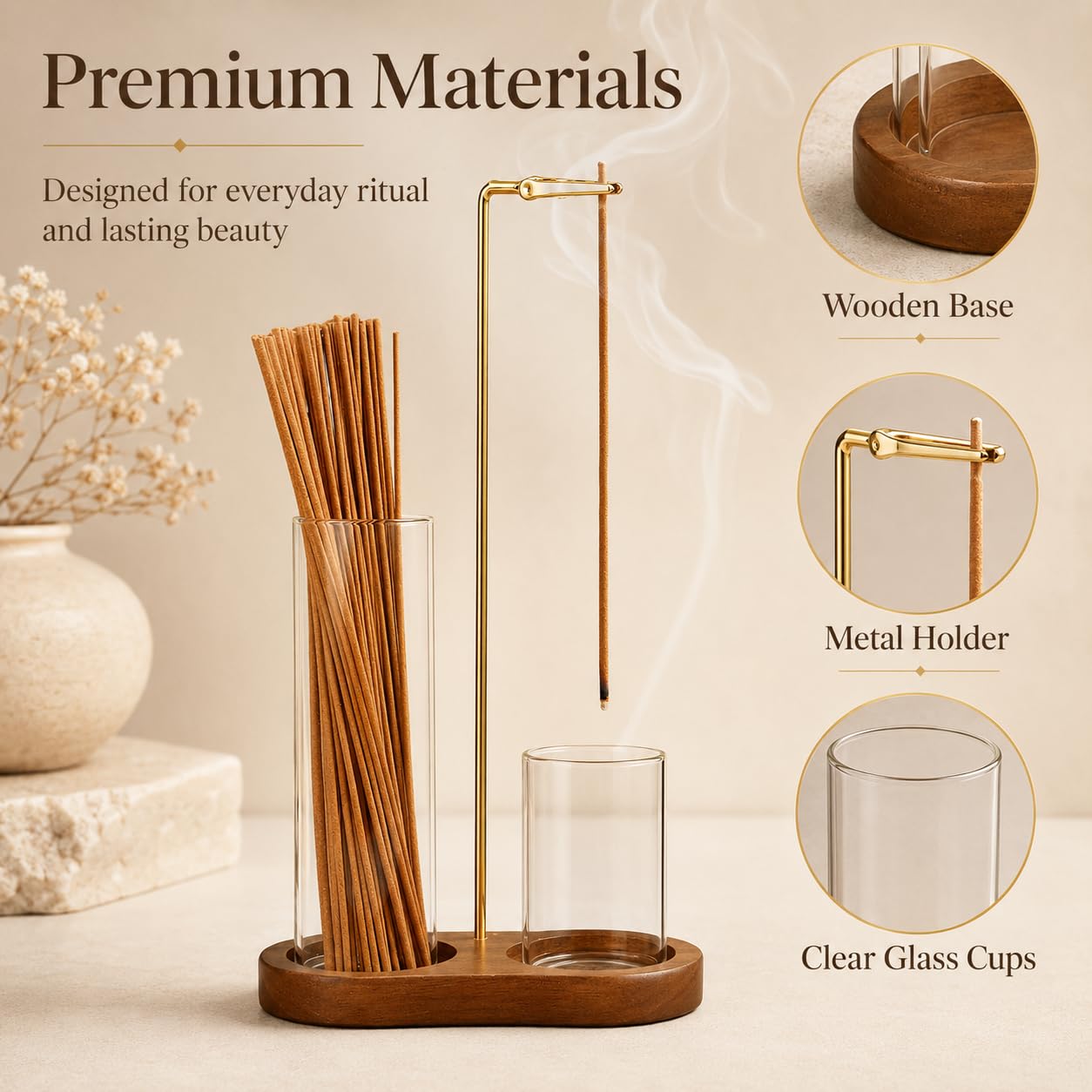 Incense Holder for Sticks, Wooden Incense Burner with Glass Ash Catcher, Anti-Ash Vertical Incense Stick Holder for Meditation Yoga Spa Home Decor