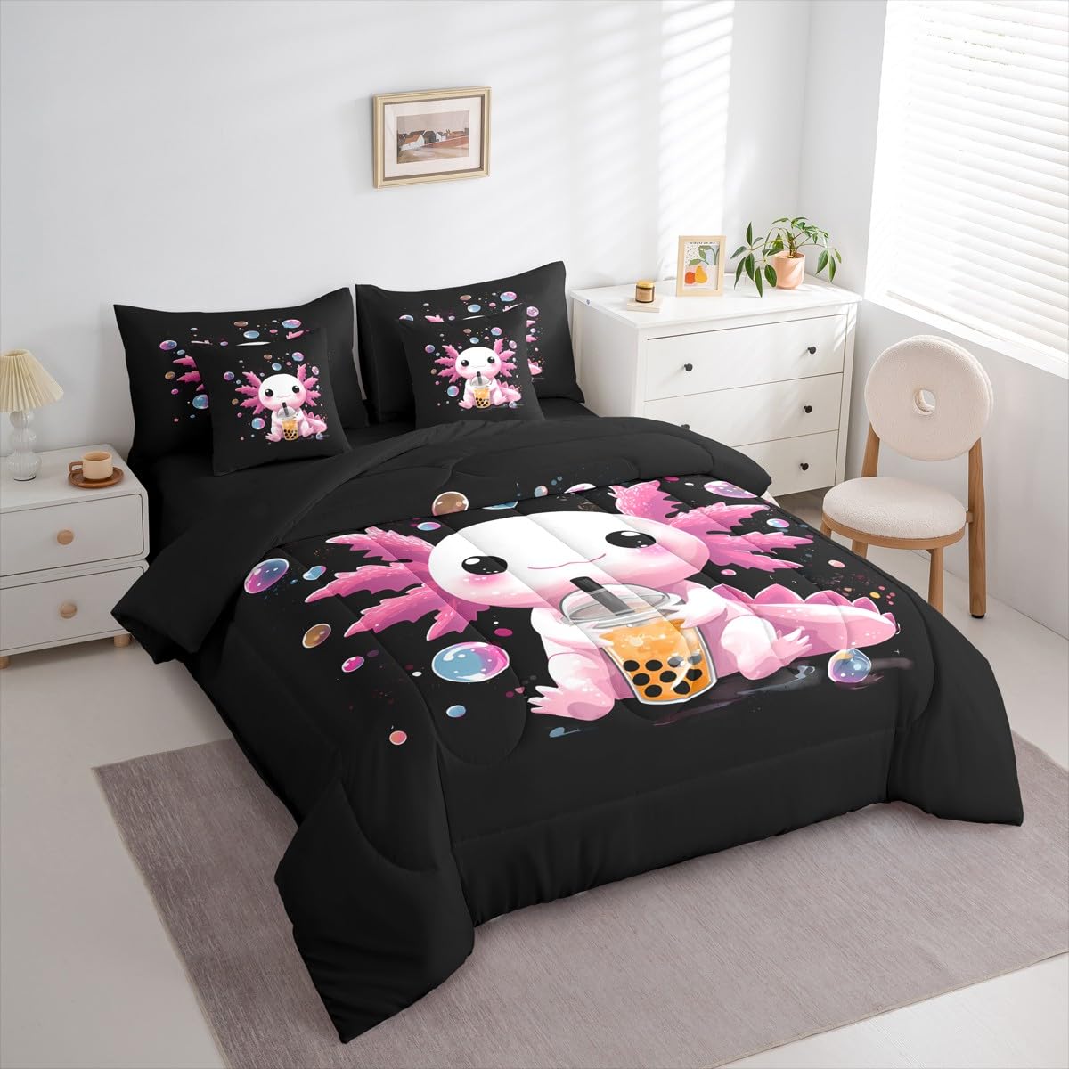 Erosebridal Axolotl 7 Piece Comforter Set Queen | Cute Boba Bed in A Bag Pink Salamander Sheet Set Breathable Lightweight Kawaii Bubble Tea Fitted Sheet Reversible