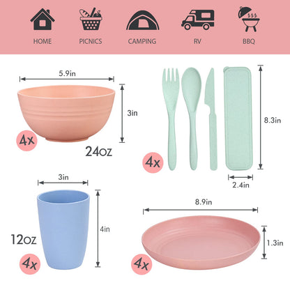 Wheat Straw Dinnerware Sets for 4, Wheat Straw Plates and Bowls Sets Kitchen Dishes 28pcs College Dorm Room Essentials Cutlery Set Microwave Safe (Colorful)