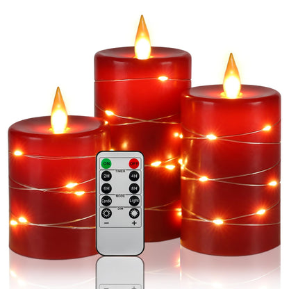 Da by Red Flameless Candles with String Lights, Battery Operated Candles with Remote Control and Timer,Flickering LED Pillar Candles for Home Décor,Real Wax,3 Pack -Red