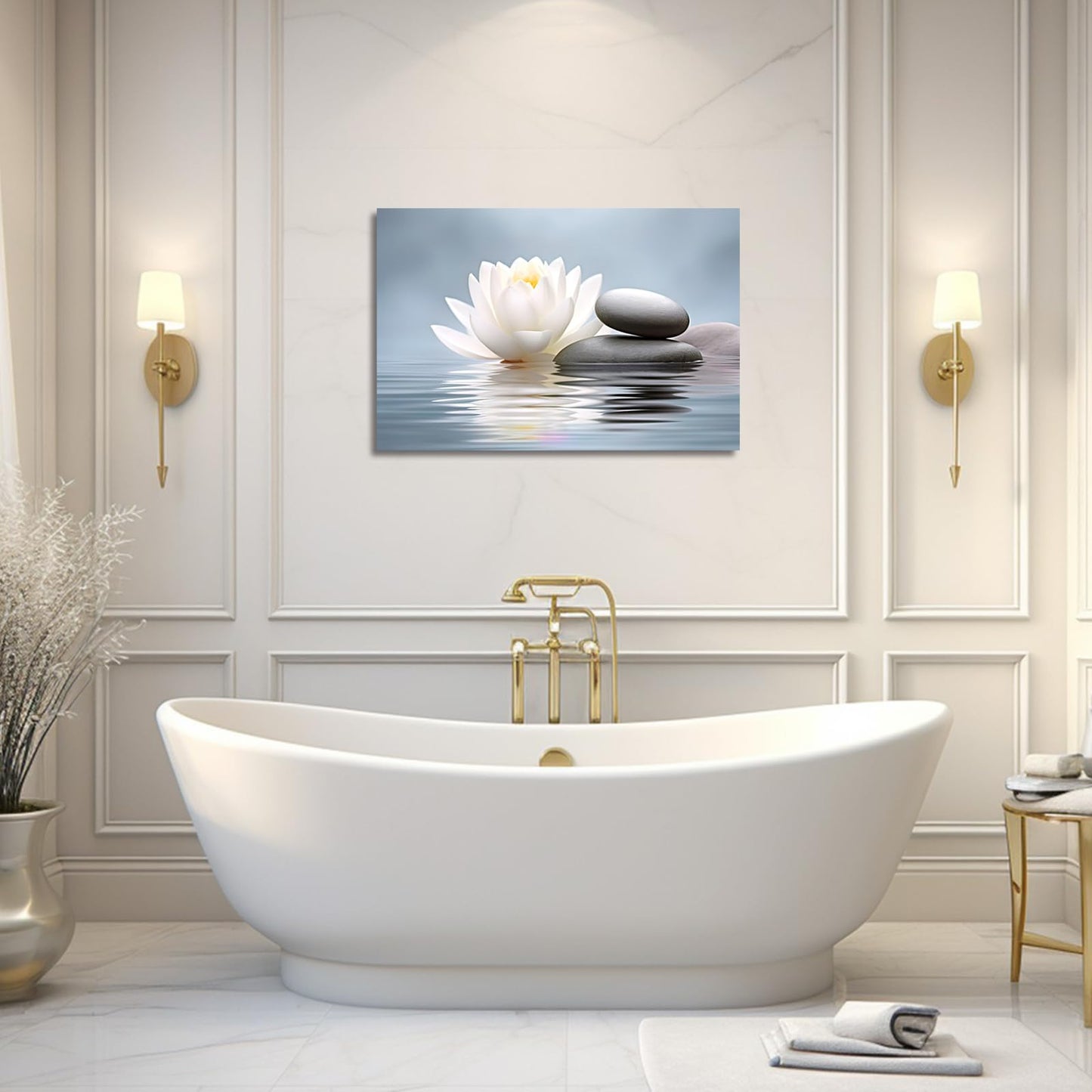 LZIMU Zen Wall Art Lotus Flowers Stones on Water Pictures Water Lily Canvas Prints Bathroom Decor Spa Artwork for Yoga Studio Meditation Spiritual Room Framed (Zen-1, 16.00"x24.00")