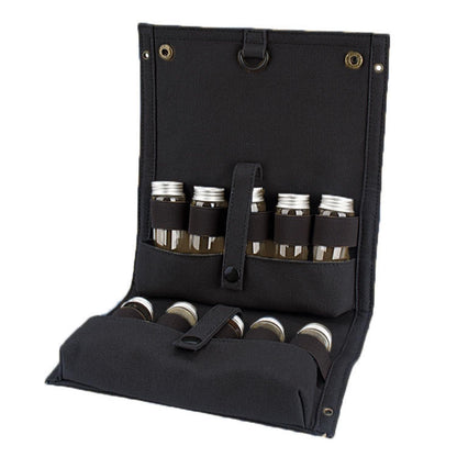 Travel Spice Kit, Portable Spice Bag with 10 Spice Jars, Canvas Seasoning Storage Bag Organizer, Seasoning Bottle Holder with Mini Condiment Bottle, Condiment Container Set for Camping BBQ(Black)
