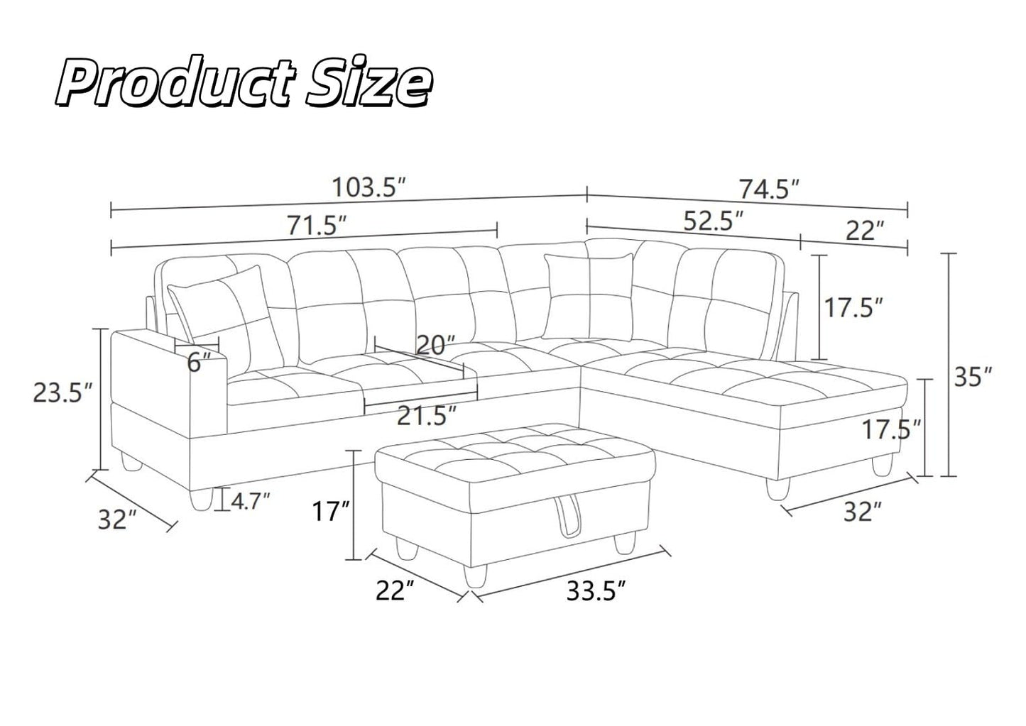 NicBex Sectional Couch 3 Pieces Sofa Set, L-Shaped Modular Couches for Living Room, Furniture Sets with Lounge Chaise & Storage Ottoman, Multi-Scene Use for Apartment & Office, Black+White