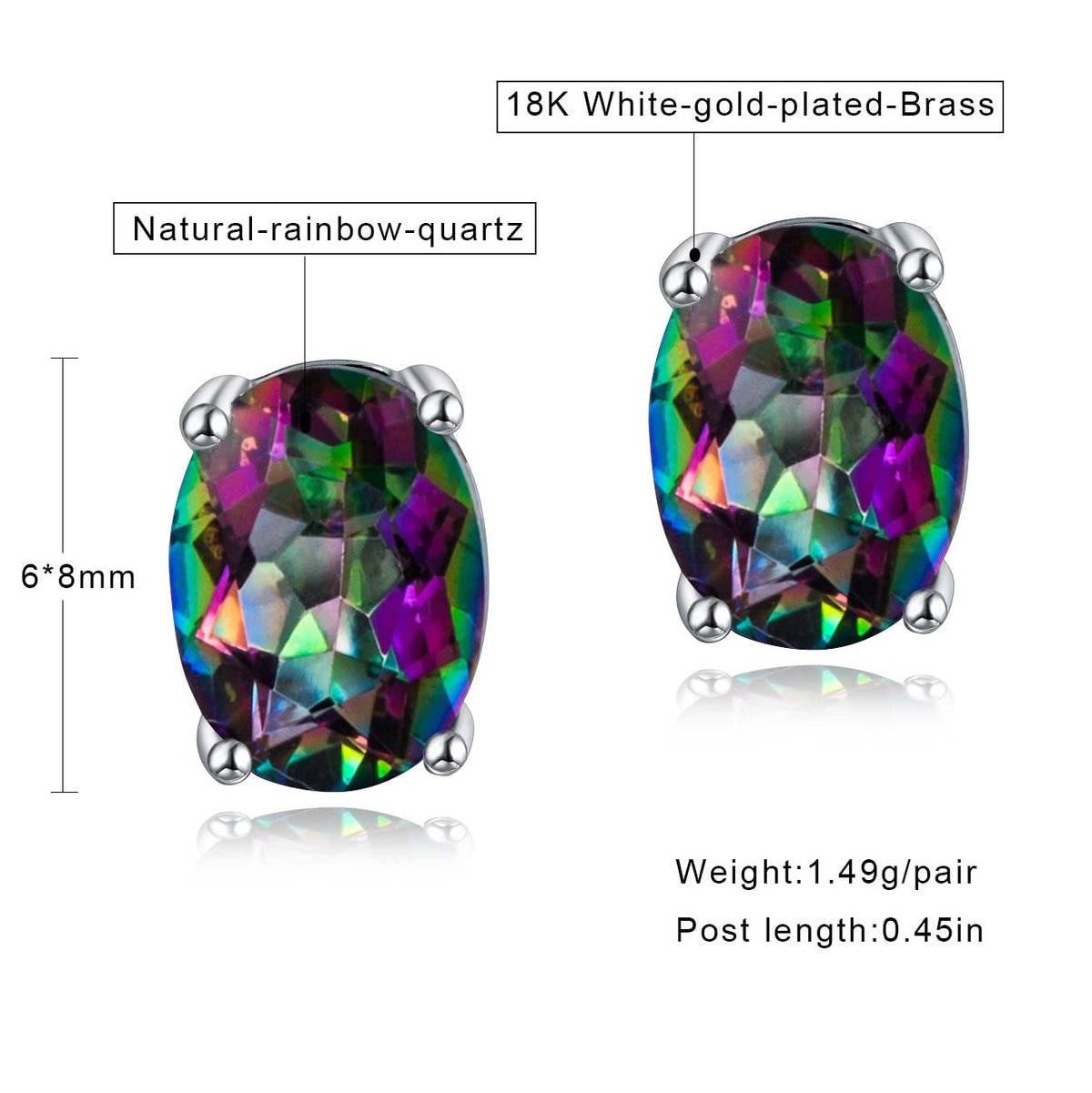 Created Rainbow Quartz Stud Earrings for Women Men 18K White Gold Plated Round Square CZ Hypoallergenic Jewelry Gift